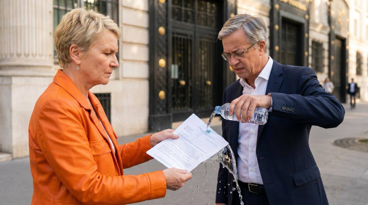 Lucet face à Bonnafé, micro en main, mur de médias en arrière-plan (BFM TV, Le Monde, Le Figaro, Libération, LCI
